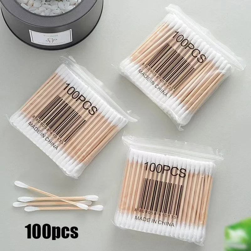 100pcs/500pcs Double Head Wood Cotton Swab Nose Ears Cleaning Women Makeup Tools Lipstik Cotton Buds Tip Sticks