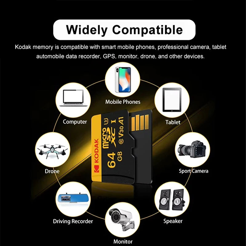 KODAK MicroSD Card 32GB 64GB 128GB 256GB Memori Memory Card C10 TF Micro SD SDXC U3 V30 4K For Phone Drone Camera
