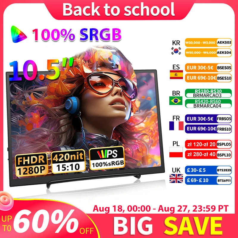 10.5 inch Portable Monitor 1280P 100%SRGB 420cd/m2 With dual speakers Mini HDMI interface For Laptop PC PS4 Game Console