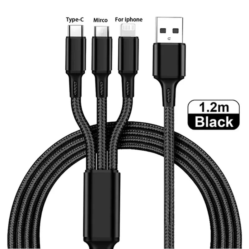 3 IN 1 USB Cable Micro USB Type C Charger Cable Multi 2A Usb Port Fast Charging Cord For Xiaomi iPhone 11 12 13 Pro Max Samsung