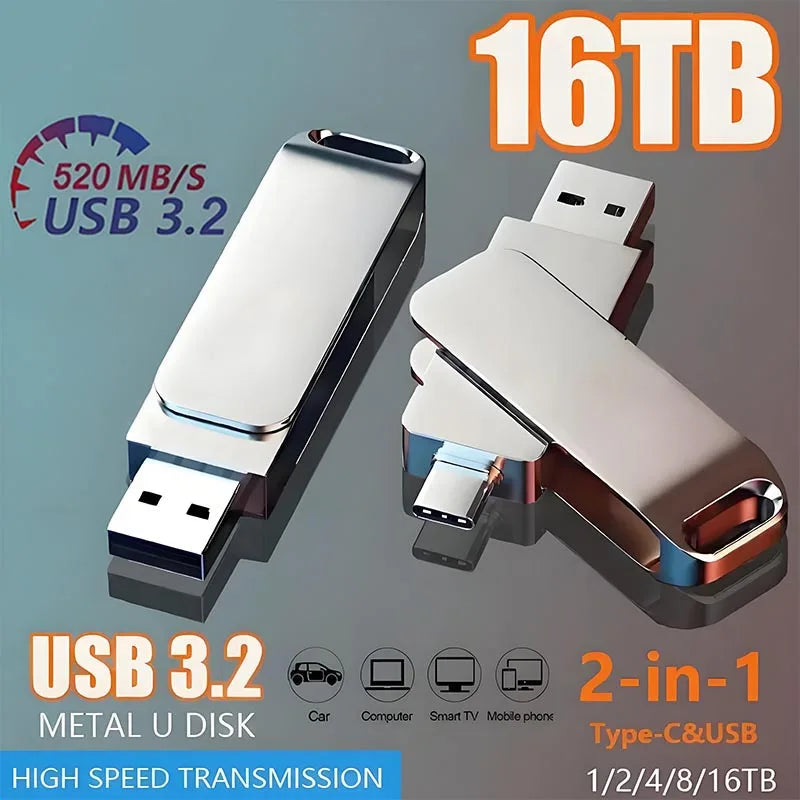 16TB Flash Drive USB 3.2 High Speed USB Transfer Type-c 2-In-1 8TB 16TB OTG Pendrive Waterproof Flash Disk For Computer
