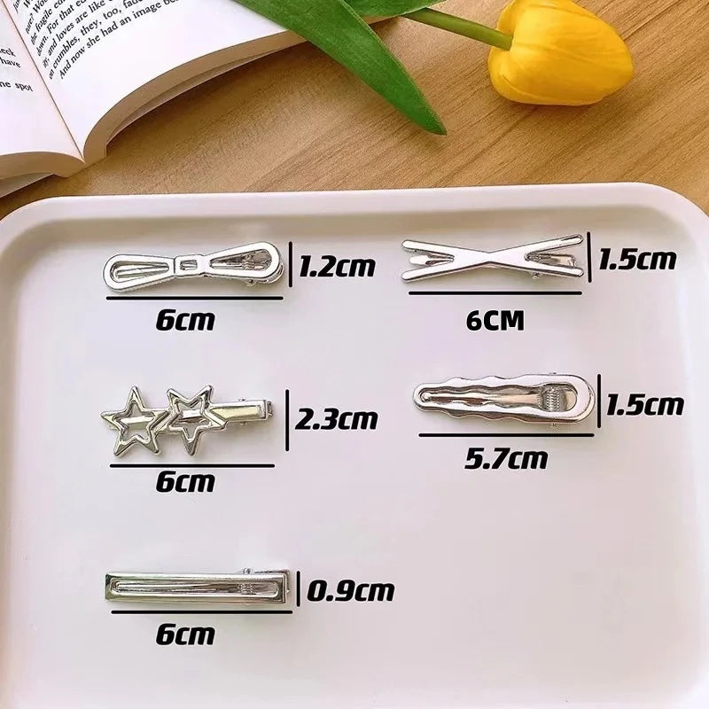 24Pcs/Set Y2K Silver Metal Hair Clips for Women And Girls Star Hair Accessories Multiple Styles Seamless Duckbill Hairpins