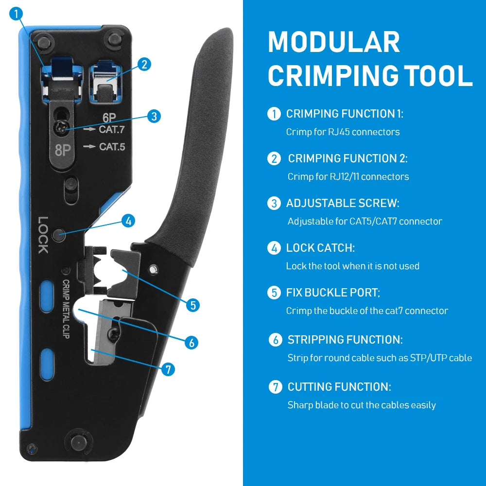 Cat7 RJ45 Crimp Tool compatible for Cat7/6a/6/5e Ethernet Cable with Cut/Strip Multi-function crimper With Spare blades
