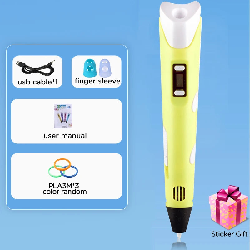 Kids 3D Printing Pen With LCD Screen & Stickers Compatible PLA Filament Safe With 9M PLA Girls Boys Birthday Gift Toys Print Pen