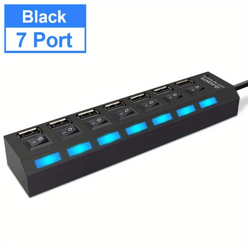 7 Port with LED Light USB 2.0 Adapter Hub with Independent Power on Off for Computers Tablets Laptops Supports Data Transmission