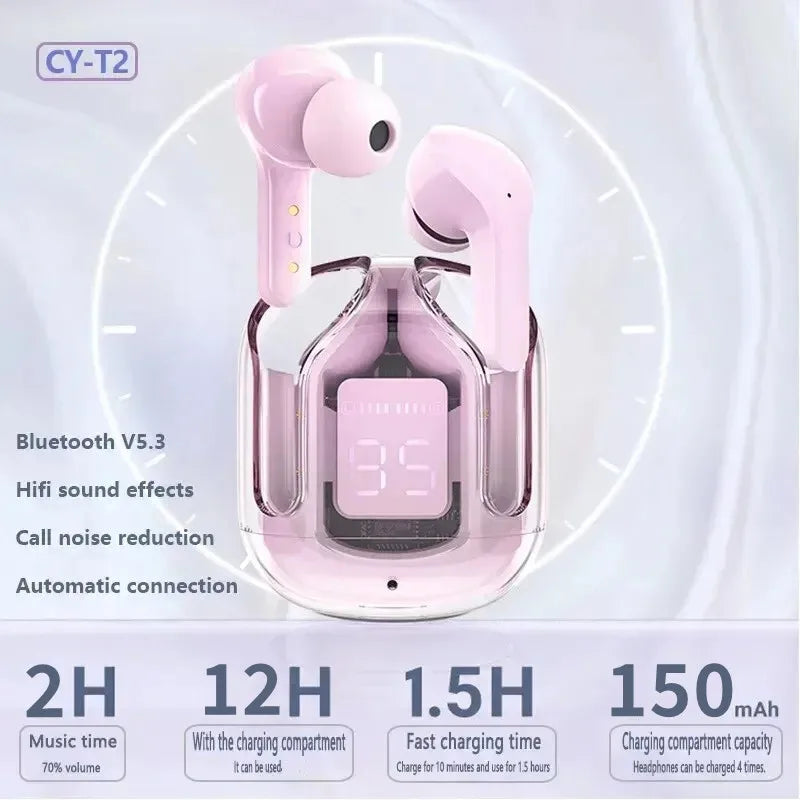 Original T2 Wireless Bluetooth Earphone Transparent HIFI Headphones LED Power Digital Display Stereo Sound Earphones for Phone