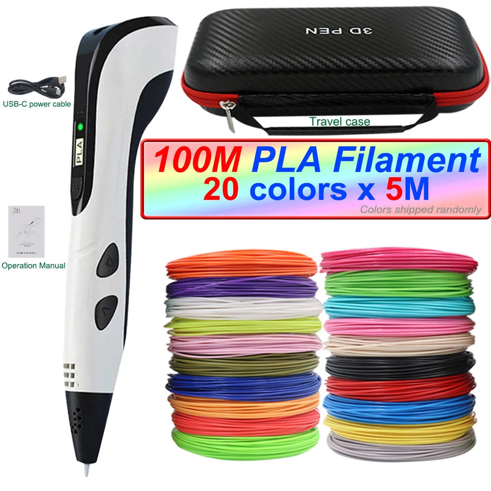 2025 3D Pen Set for Children 3D Printing Pen with LED Screen 100M PLA Power Adapter Travel Box Christmas Birthday Gift for Kids
