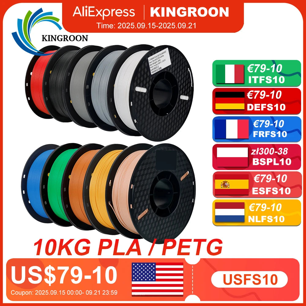 KINGROON 22LBS PETG or PLA filament 3D Printer Filament 10 Rolls 1KG 1.75MM Eco-Friendly Good Toughness Mix Color Free Shipping
