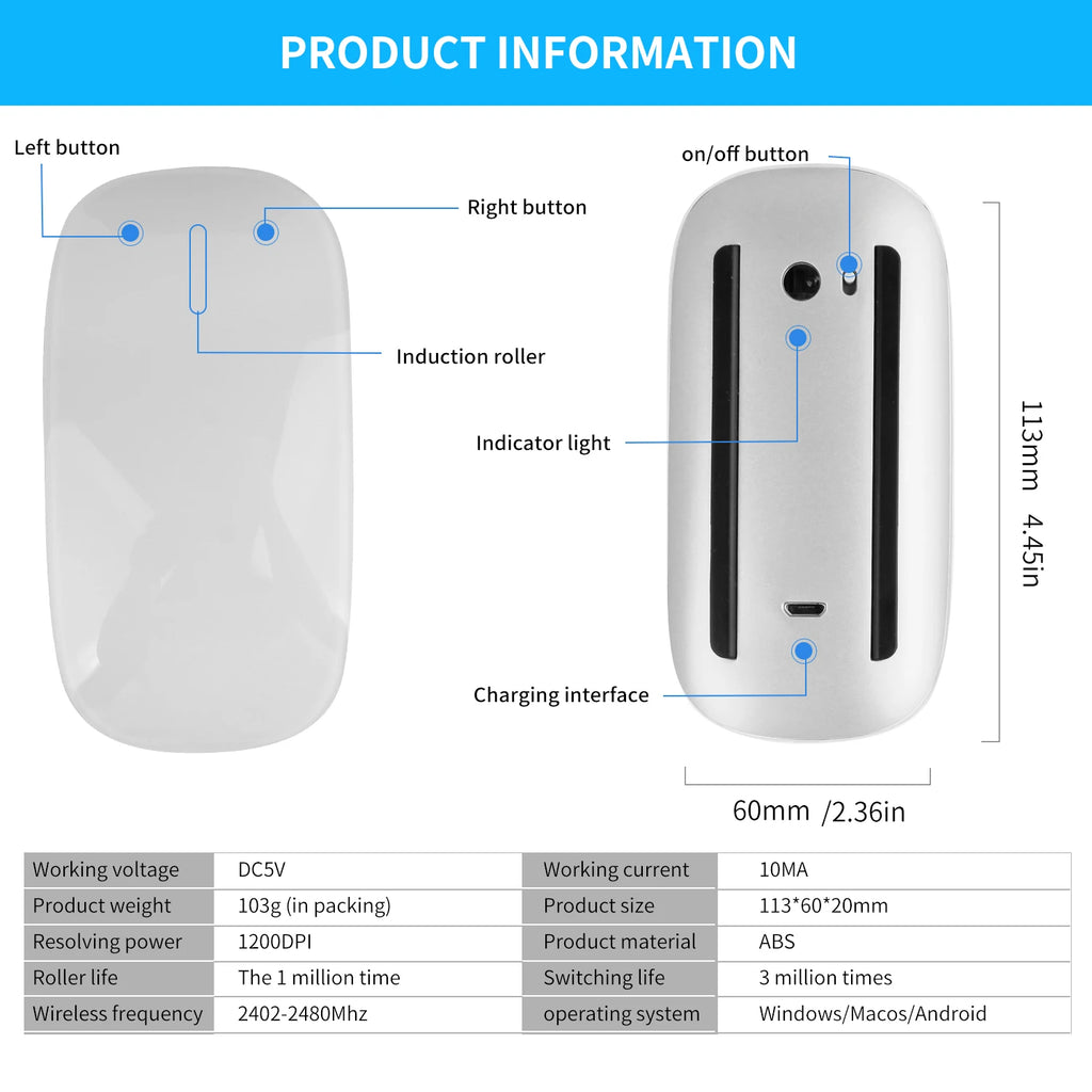 Bluetooth Wireless Mouse Rechargeable Silent Multi Arc Touch Mice Ultra-thin Magic Mouse For Laptop Ipad Mac PC Macbook