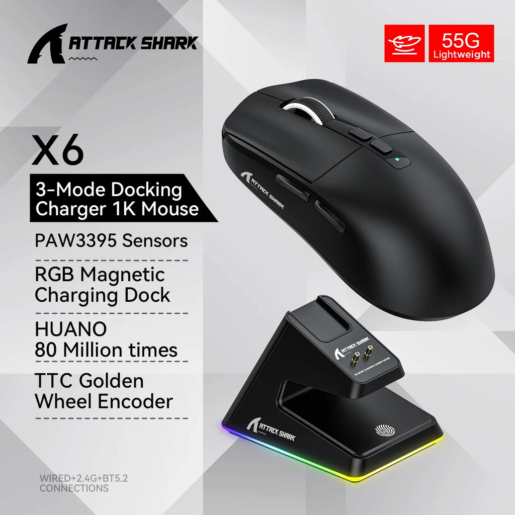 Attack Shark X6 Lightweight Wireless Gaming Mouse with 3 Mode Up to 26K DPI RGB Backlight Charging Base for Laptop Deskbtop