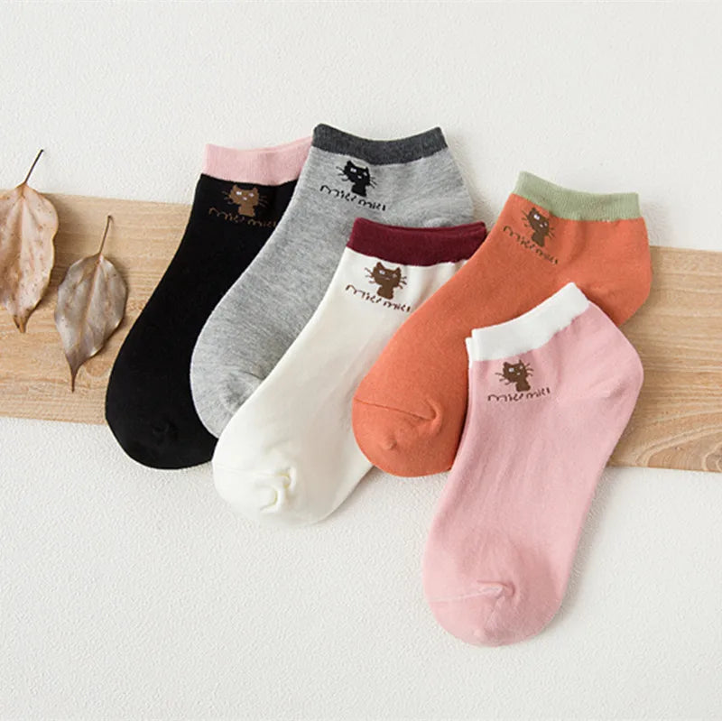 5 Pairs Women Cute Cat Socks Short Ankle Socks Cartoon Animal Kitten Korean Fashion Girls Kawaii Casual Socks Calcetines Mujer