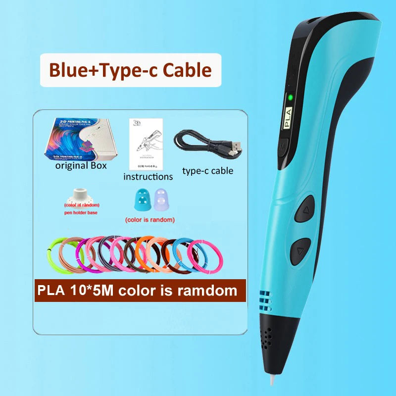 3D Pen DIY Drawing Printing Pen for kids Adult Creatived Toy 20 Colors 5M PLA Filaments +USB Type-C Rechargeable