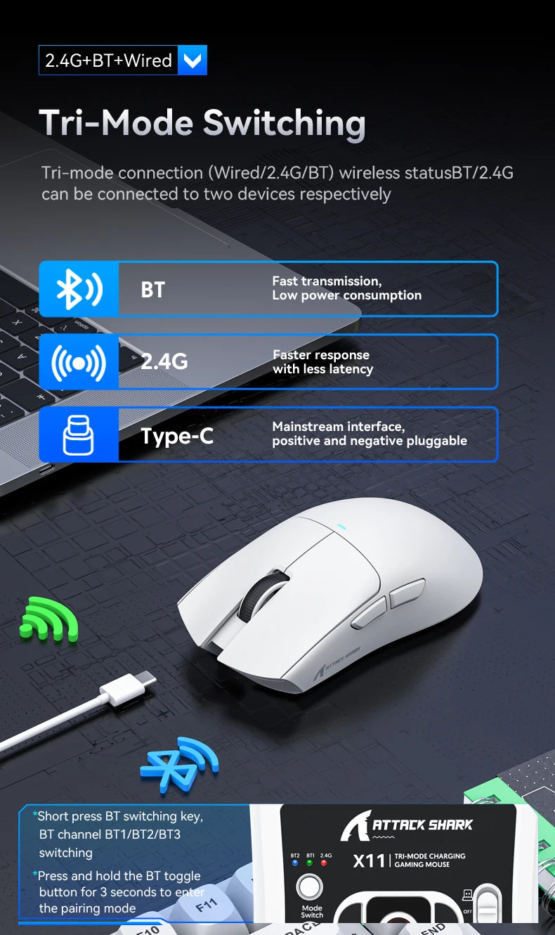 Attack Shark X11 3-Mode Connection /2.4GHz/Bluetooth ,PAW3311 ,400IPS,22K000DPI,RGB ,PC  Wireless Gaming Mouse