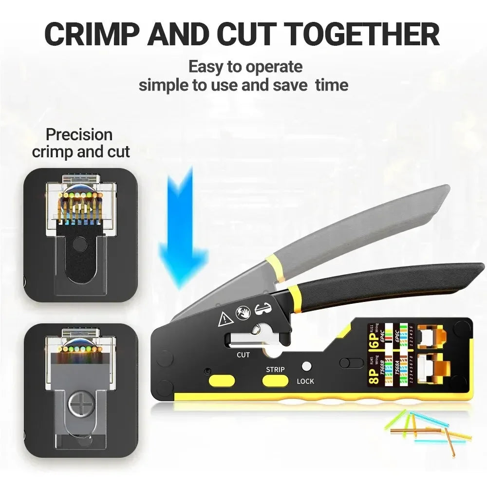 EZ-Type RJ45 Network Crimper - 3-in-1 Crimp/Cut/Strip Lan CAT8/7/6A/6/5E (STP/UTP) & RJ11/12 Tel Modular Cable (AM-6088)