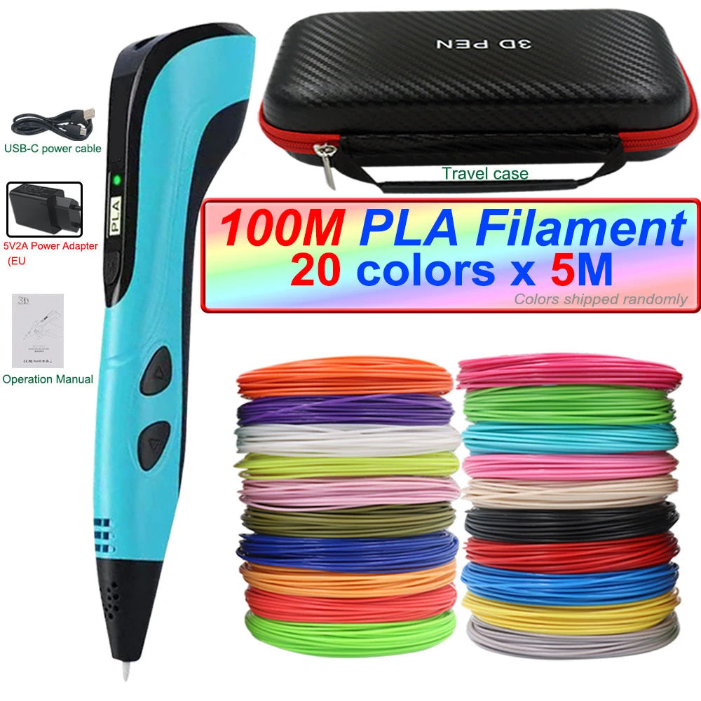 2025 3D Pen Set for Children 3D Printing Pen with LED Screen 100M PLA Power Adapter Travel Box Christmas Birthday Gift for Kids