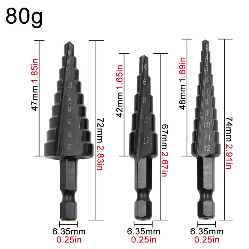3pc Black Hexagonal Shank Straight Slot Ladder Drill Bit Reaming and Hole Opening Blackened Pagoda Drill Tool Set