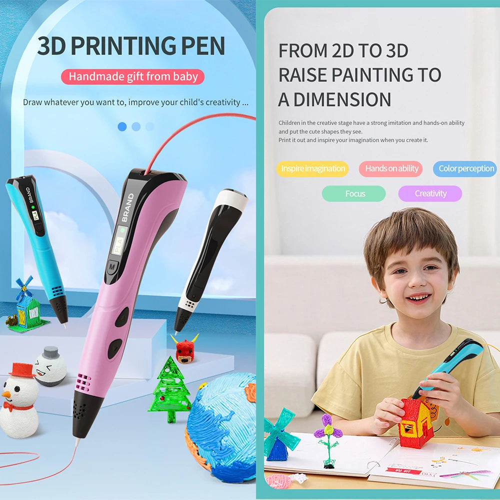 2025 3D Pen Set for Children 3D Printing Pen with LED Screen 100M PLA Power Adapter Travel Box Christmas Birthday Gift for Kids