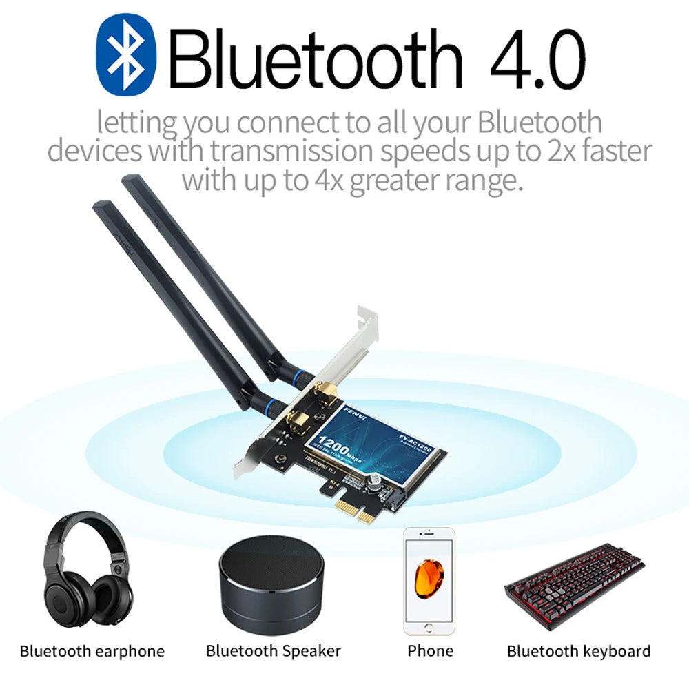 Fenvi WiFi5 AC1200 PCIE WiFi Adapter BT4.0 1200Mbps WiFi Card Dual Band 802.11ac Networking Upgrade for Win 7/10/11 Desktop PC