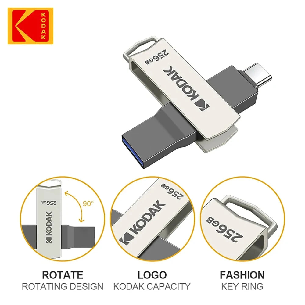 KODAK Type C USB Flash Drive K273 USB3.2 OTG Pendrive 32GB 64GB 128GB 256GB High Speed Metal Dual-Purpose Disk Memory Stick