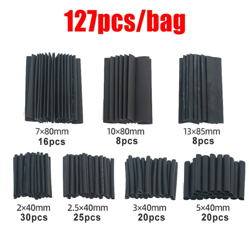 Black Heat Shrink Tube Kit Thermoresistant Tubing Shrink Wire Wrapping Electrical Connection Cable Insulation Sleeves Protecter
