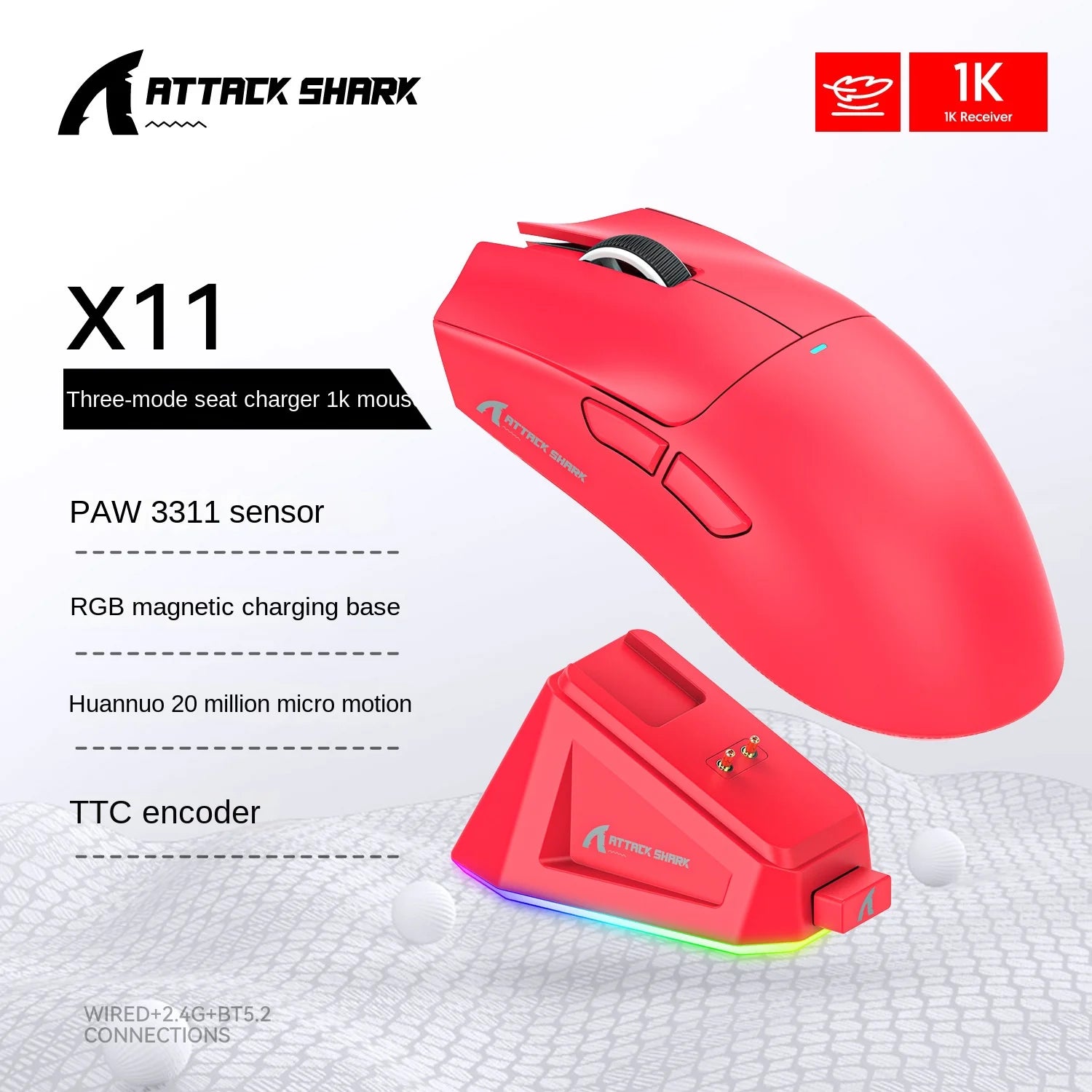 Attack Shark X11 Wireless Mouse,Bluetooth/2.4G/wired Tri-Mode Mouse ,PAW3311 RGB Magnetic charging dock Gaming Mouse