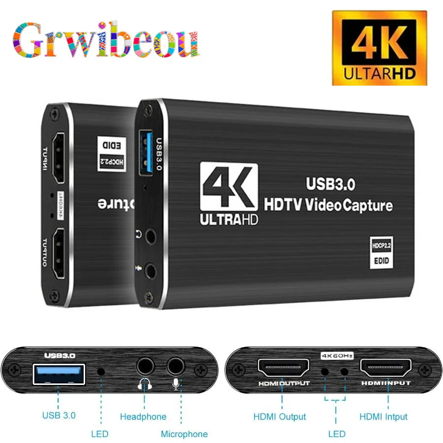4K USB 3.0 Video Capture Card HDMI-compatible 1080P HD Video Recorder Grabber For PC PS4 OBS Game Recording Game Audio Mic