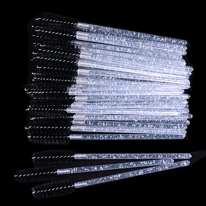 CNKESS 50Pcs/Bottle Disposable Eyelash Extension Mascara Wand Glitter Micro Lash Brushes Spoolie With Container Case Wholesale