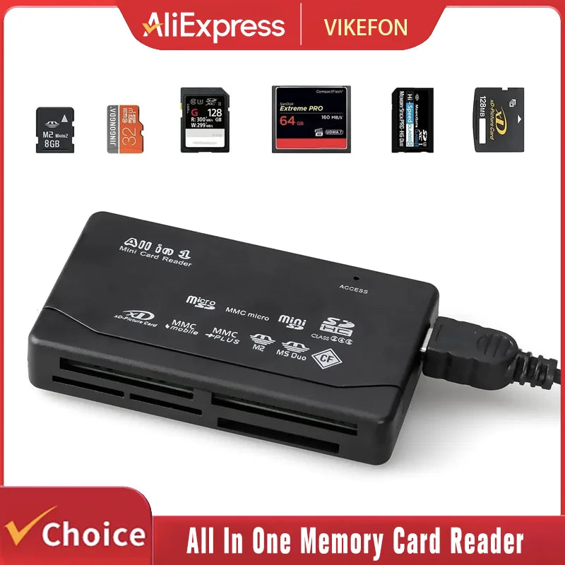 All In One Memory Card Reader USB External Cardreader SD SDHC Mini Micro M2 MMC XD CF Reader  For MP3, Digital Camera