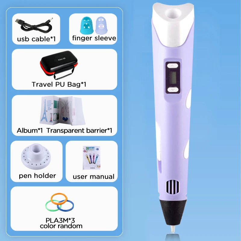 3D Pen Drawing Printing Pen With LCD Screen Compatible PLA Filament Toys Safe Paiting for Children DIY Christmas Birthday Gift