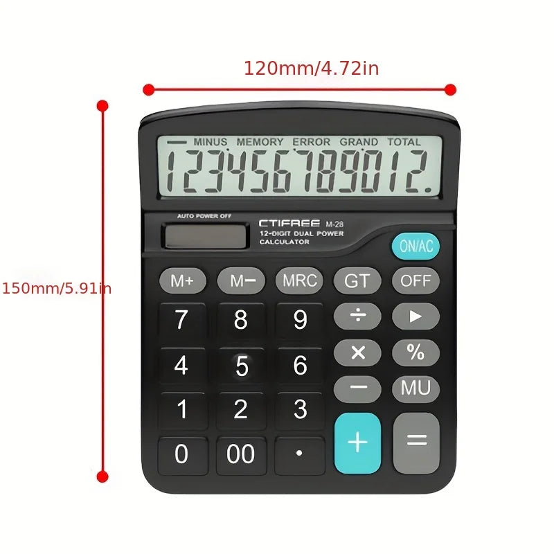 12-Digit Large LCD Display Calculator Standard Function Calculator with Solar & Battery Dual Power for Home Basic Desktop Office