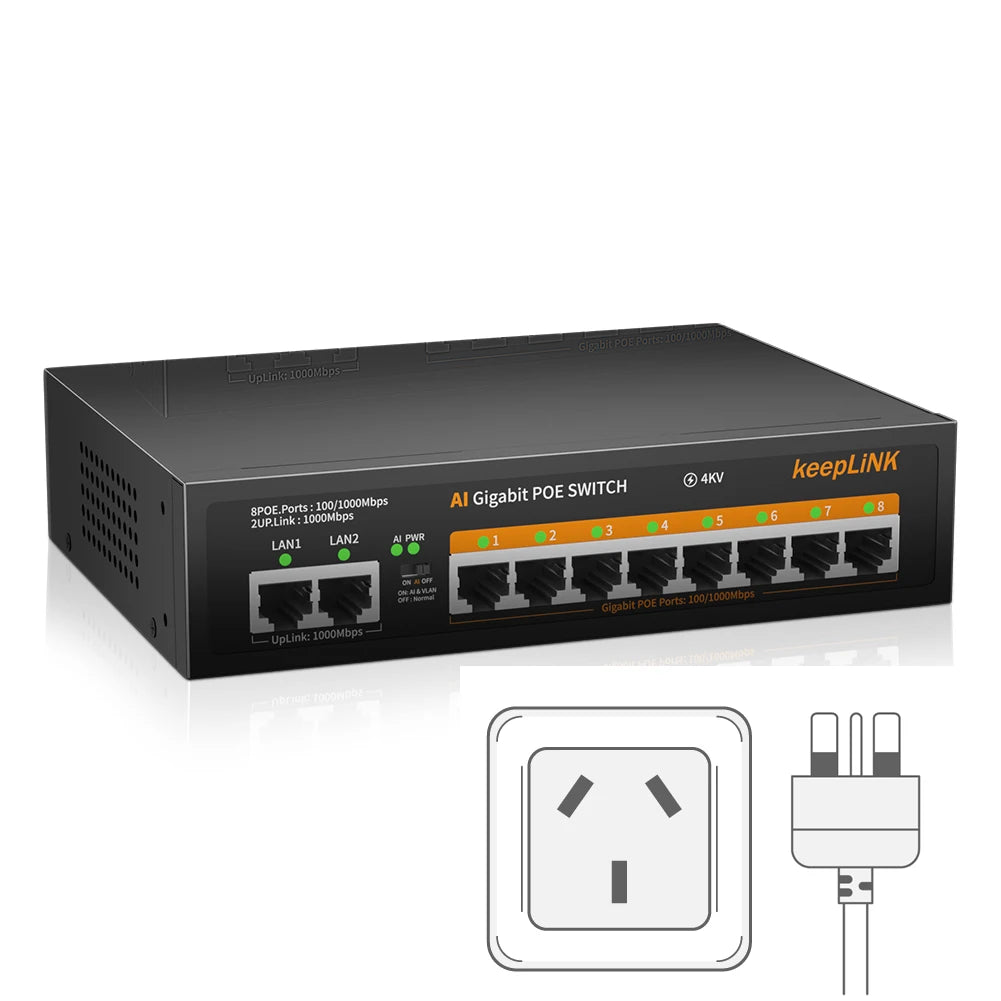 KeepLiNK 10-Port Gigabit Switch with 8-PoE and 2-RJ45 for Uplink Unmanaged Plug and Play
