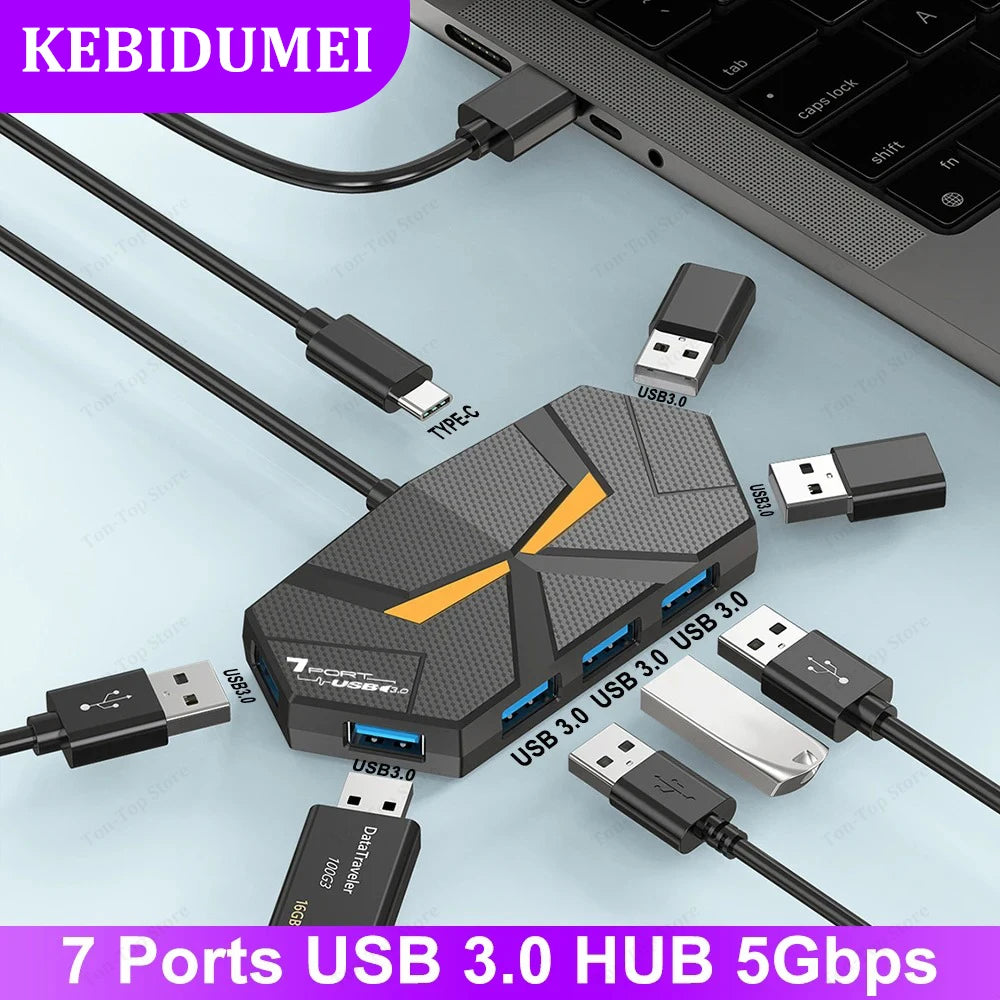 7 Ports USB 3.0 HUB USB Docking Station USB Splitter Adapter 5Gbps High Speed Transmission PD Power Supply For Laptop Computer