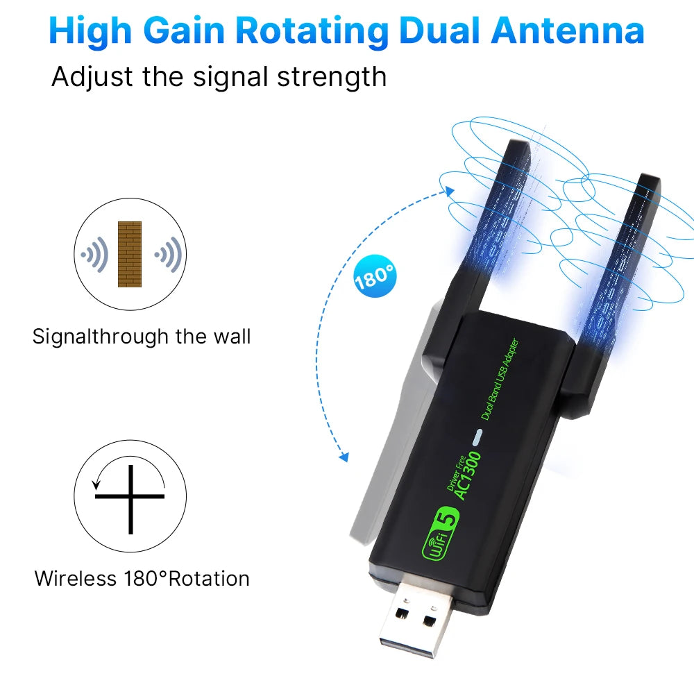 FENVI 1300Mbps WiFi USB Adapter Dual Band 2.4GHz/5GHz Wireless Dongle Signal Receiver External Antenna For PC/Laptop Win 7/10/11