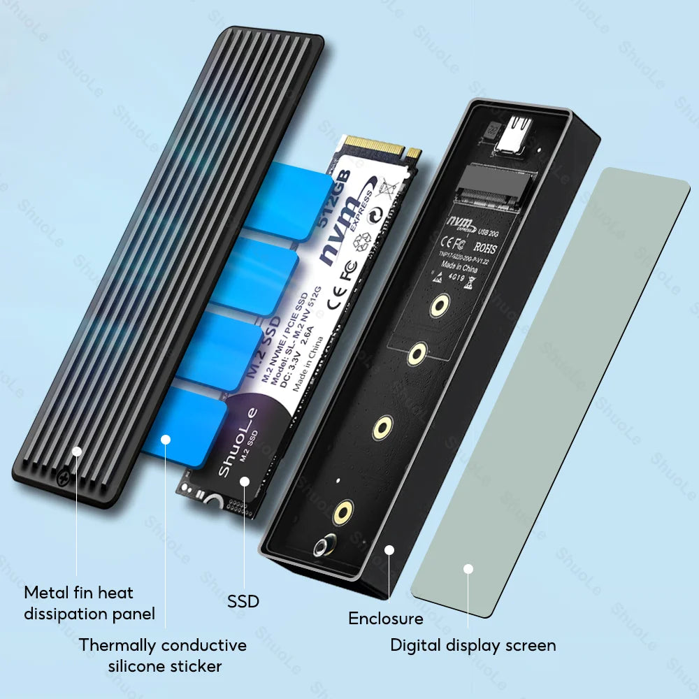 M.2 NVMe SATA SSD Enclosure Visual Smart SSD Case USB 3.2 Gen 2 10Gbps NVMe PCI-E 20Gpbs