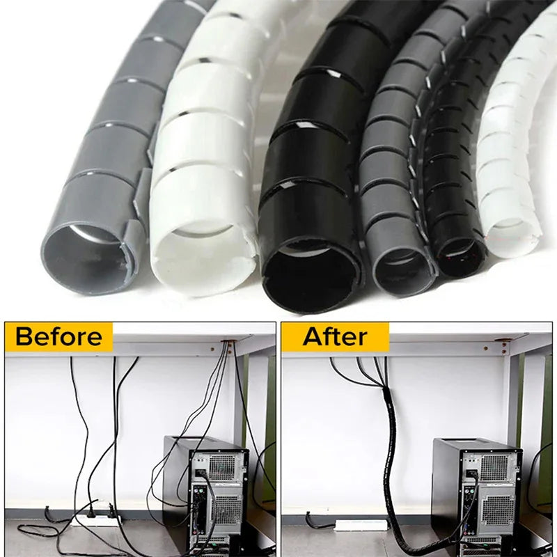 Black Cable Wire Protector Cable Organizer Management Pipe Flexible Wire Wrap Line Coiled Tube Office Cord Sleeve Cover 2M/1.5M