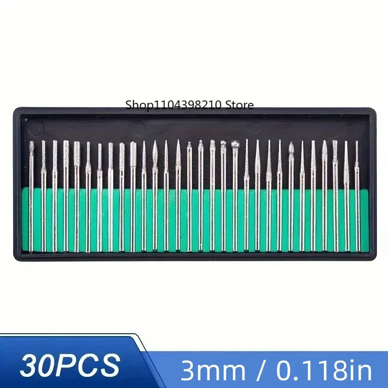 30pcs Diamond Grinding Burr Needle Point Engraving Carving Polishing For Glass Jade Stone 2.35/3mm Drill Bit Rotary Tool Set