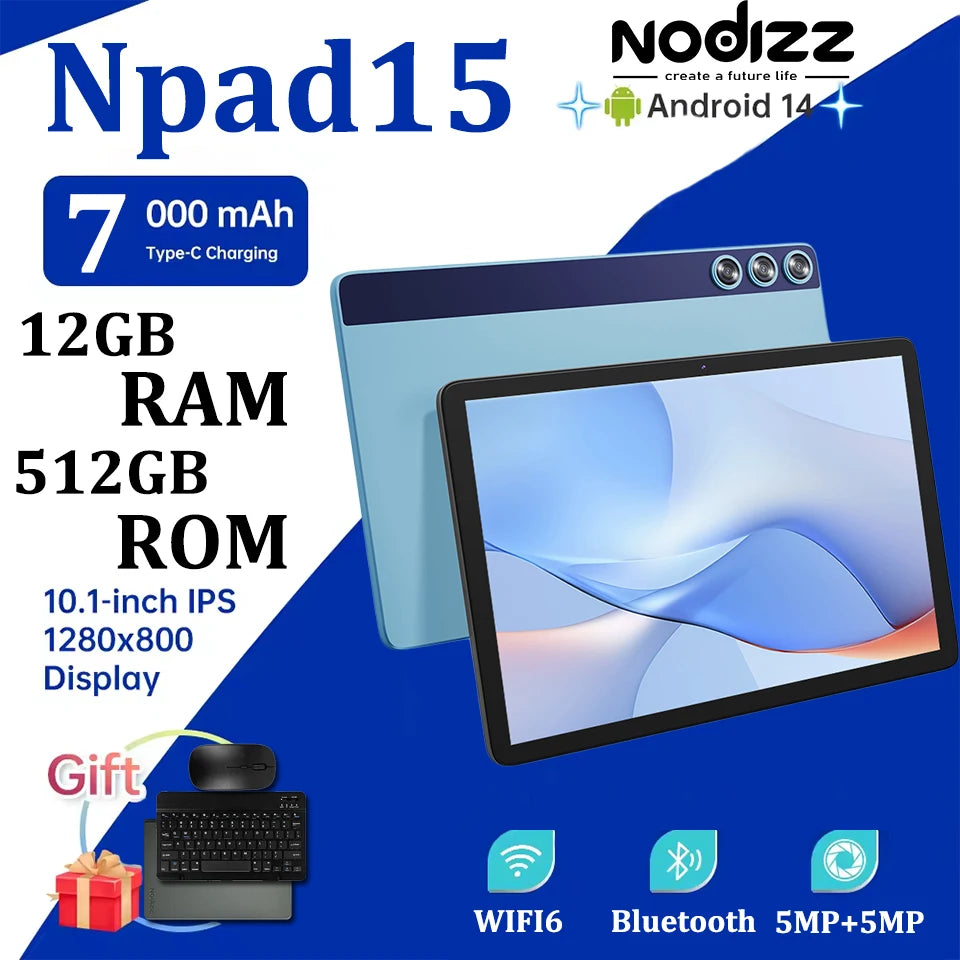 Npad15 Tablet 10.1'' FHD 12GB RAM+512GB ROM MTK6735 Core 1280*800 Display Android 14 5G WIFI 7000mAh Dual Camera Type-C Tablets