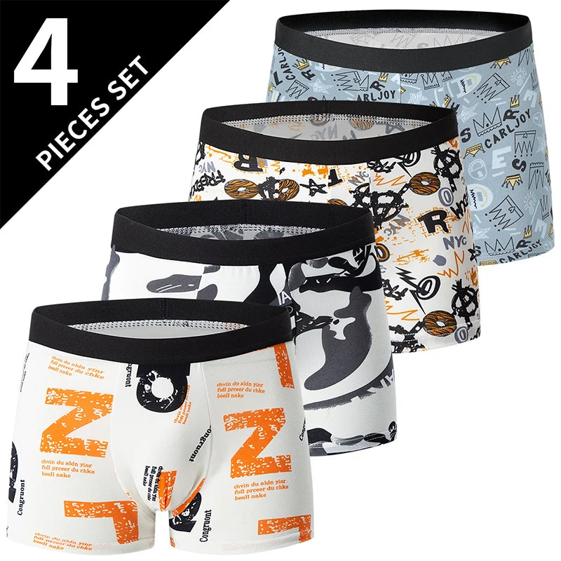 4/10 Piece Men's To Teenagers' Parent-child Underwear Simple And Fashionable Printed Boyshort Joker Casual Elastic Waist Shorts