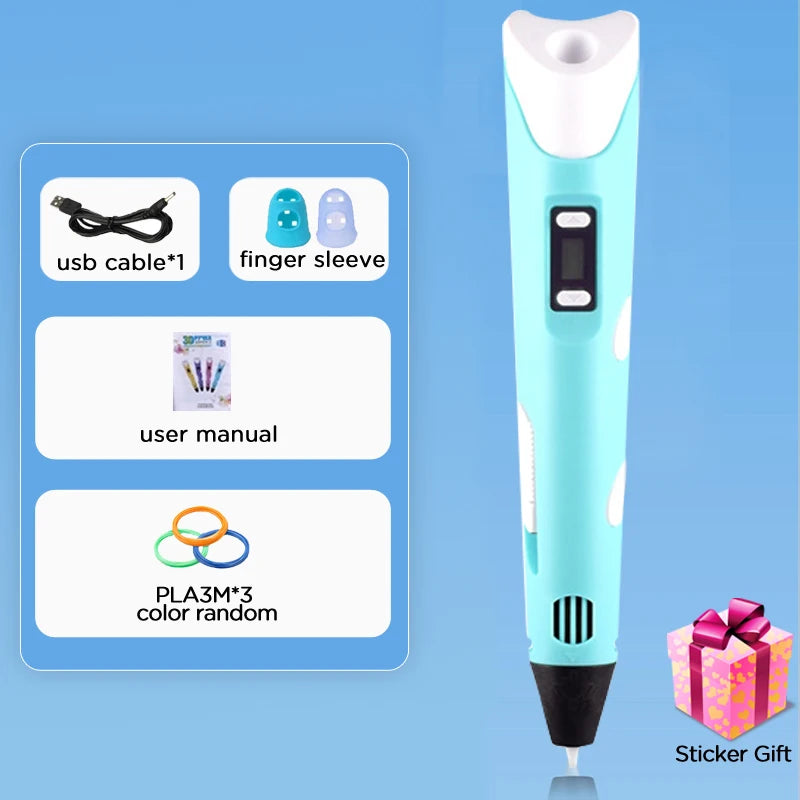 Kids 3D Printing Pen With LCD Screen & Stickers Compatible PLA Filament Safe With 9M PLA Girls Boys Birthday Gift Toys Print Pen