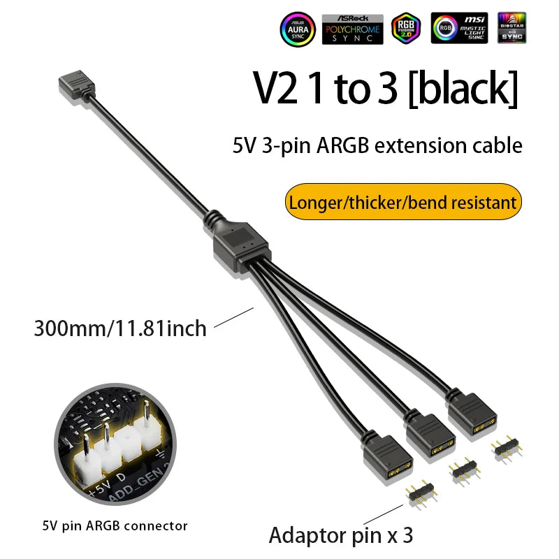 ARGB Chassis Fan Splitter 5V 3PIN Connector 1 To 2/3/4 Motherboard Extension Cable Synchronization 30cm for PC Light Strip Fans