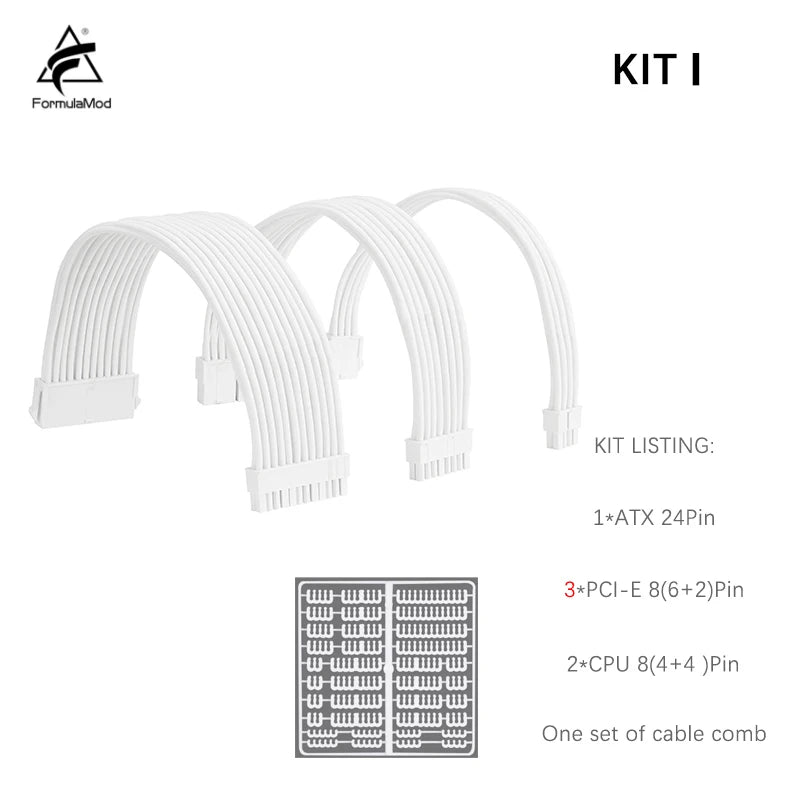 FormulaMod All White PSU Extension Cable Kit , Solid Color Cable Solid Combo 300mm ATX24Pin PCI-E8Pin CPU8Pin With Combs