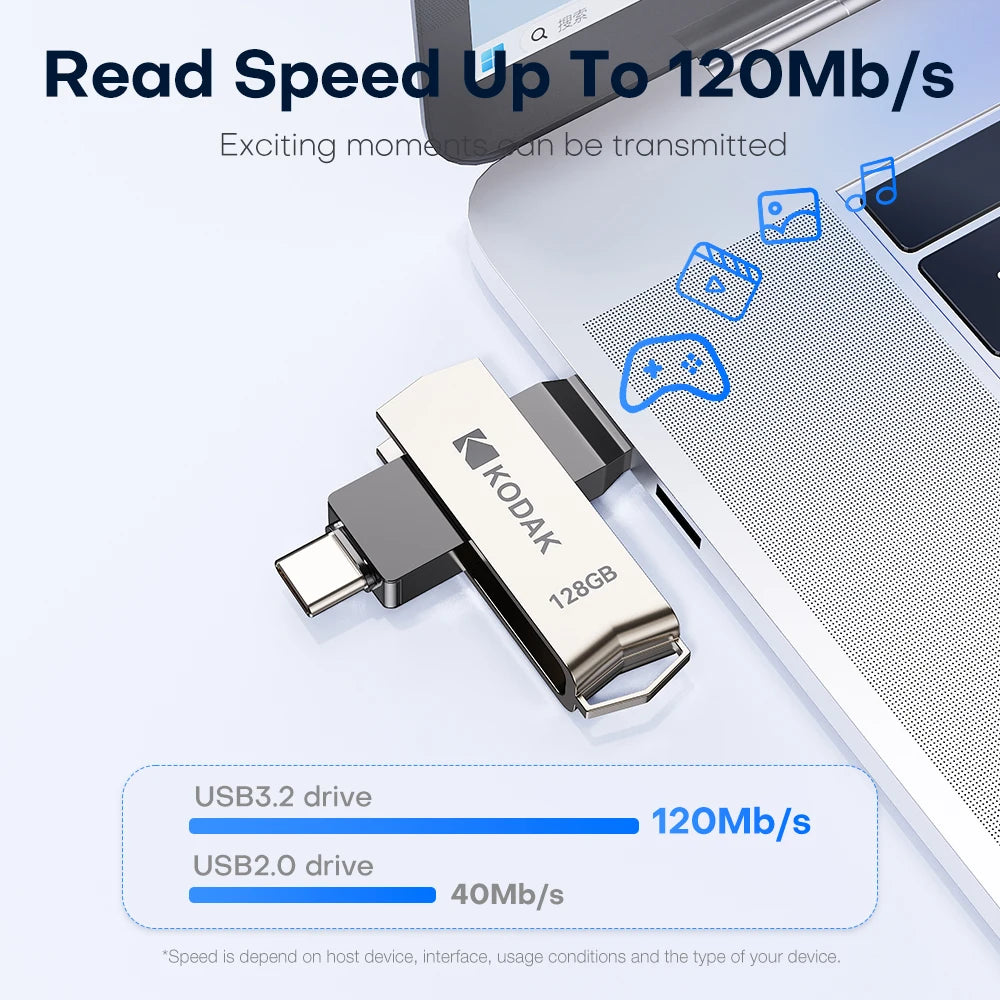 KODAK USB3.2 Type C Two in One Flash Drive 256GB 128GB 32GB Pendrive High Speed Dual Memory Stick For Smartphone Laptop