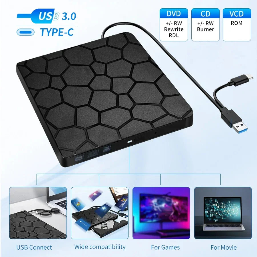 2 in 1 External DVD RW Drive USB 3.0 Type C Interface Slim DVD CD Writer Burner Reader Player Optical Drive For Laptop Notebook