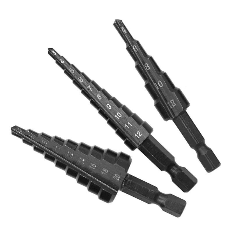3pc Black Hexagonal Shank Straight Slot Ladder Drill Bit Reaming and Hole Opening Blackened Pagoda Drill Tool Set