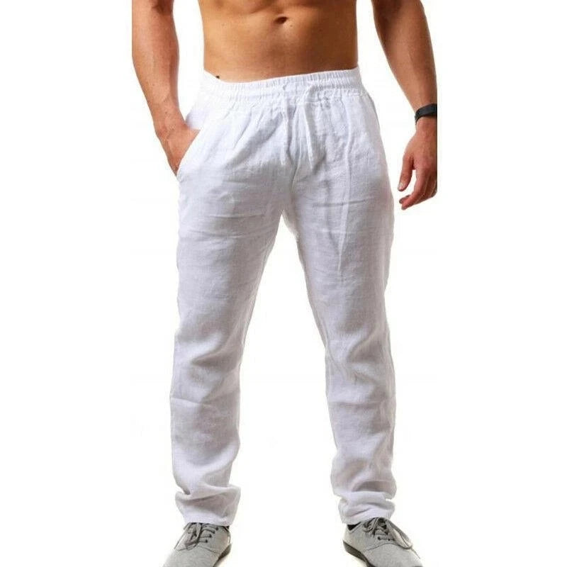 Men's Cotton Linen Casual Long Pants Summer Loose Breathable Beach Pants Solid Color Drawstring Elastic Waist Male Trousers
