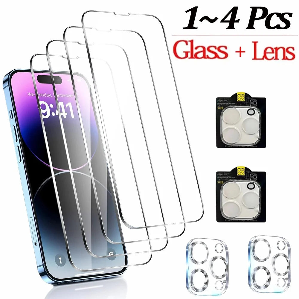 1~4Pcs HD Screen Protector For iPhone 17 16 15 14 Pro Max Tempered Glass For iPhone 11 12 13 Mini Camera Film iPhone 16 Plus