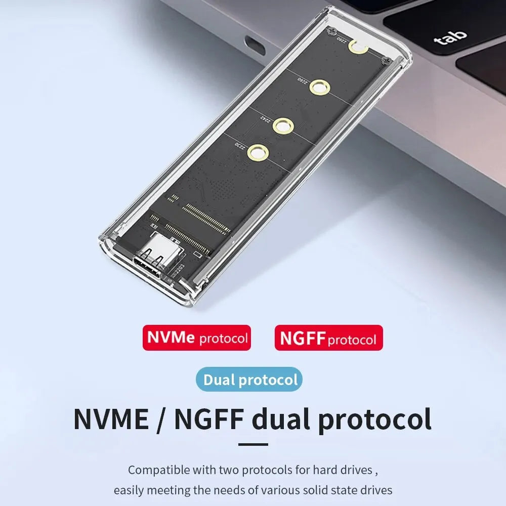 M.2 NVME PCIe /NGFF SATA /Dual Protocol SSD Case Clear USB Type C 10Gbps M2 SSD Transparent External Enclosure Hard Disk Box