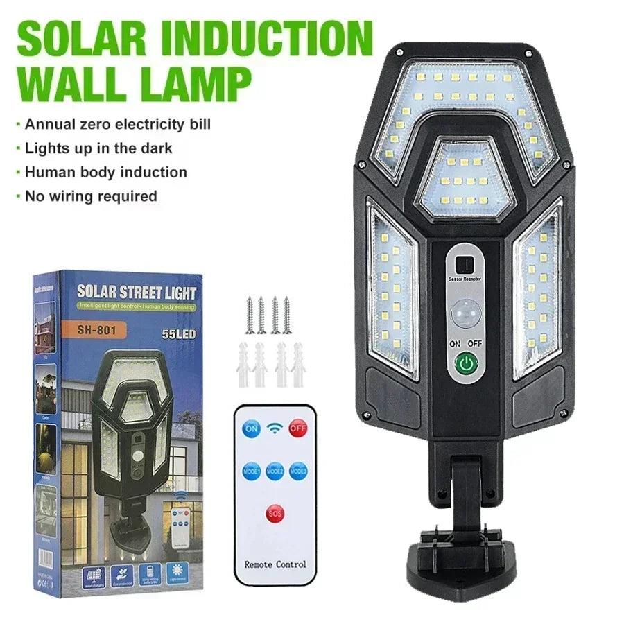 Powerful LED Solar Outdoor Led Courtyard Wall Lamp Rechargeable Human Body Induction Garden Terrace Garage Door Street Lighting