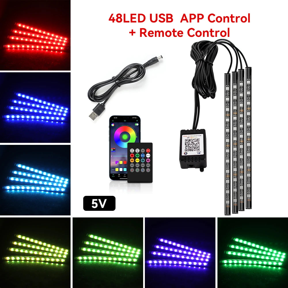 LED Car Foot Light Remote/Voice Control Ambient Lamp Auto Decoration 36/48/72 LED Atmosphere Lamp