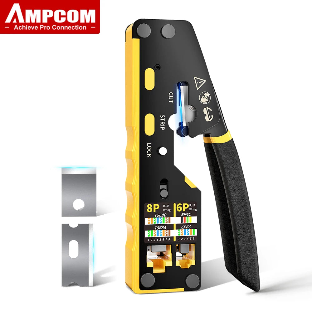 EZ-Type RJ45 Network Crimper - 3-in-1 Crimp/Cut/Strip Lan CAT8/7/6A/6/5E (STP/UTP) & RJ11/12 Tel Modular Cable (AM-6088)